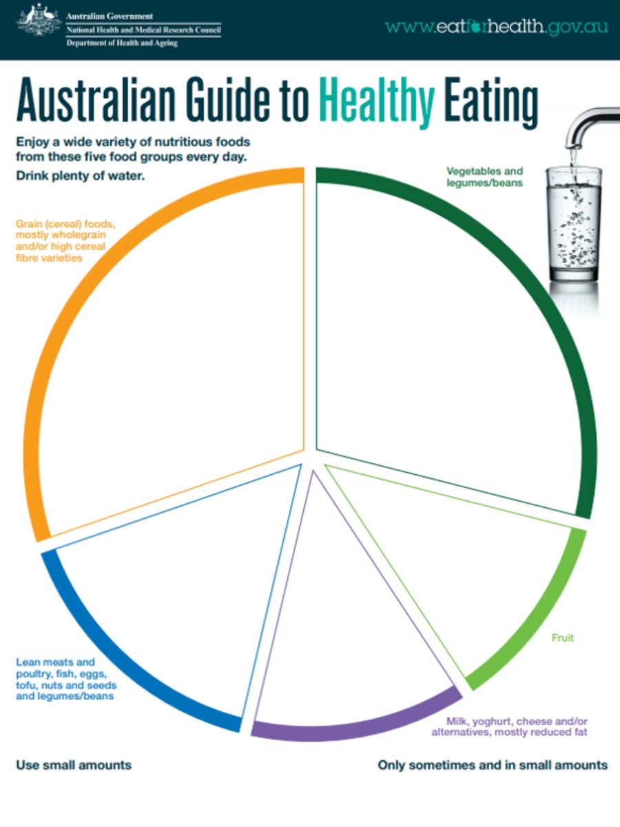 Blank template of the Australiang Guide to Healthy Eating poster allowing clients to write or draw food items into the different sections